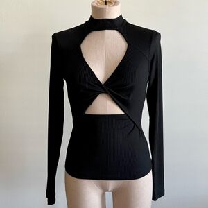 BARDOT Black Ribbed Cutout Twist Top with Long Sleeves